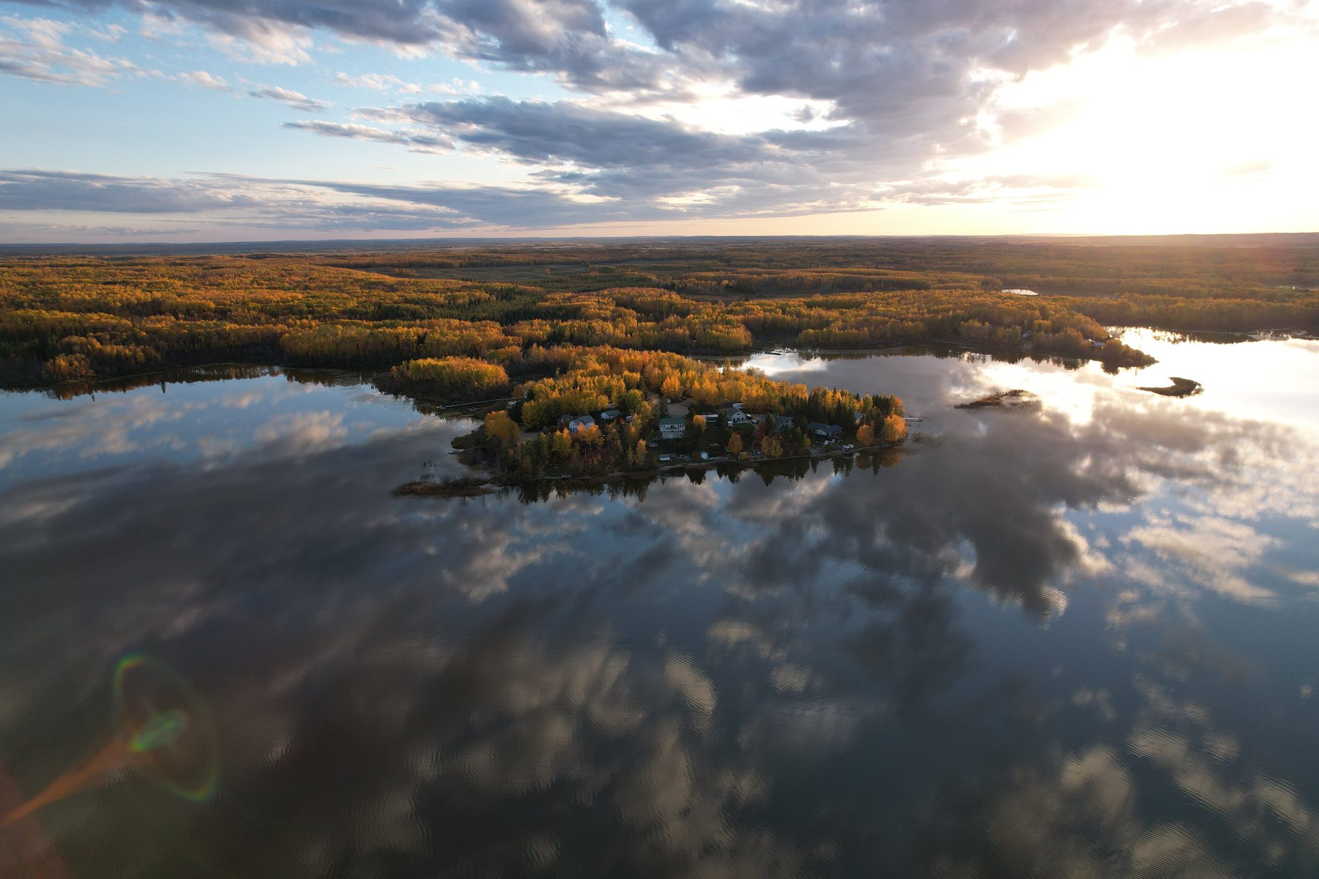 Aerial view of Lightning Bay at sunset